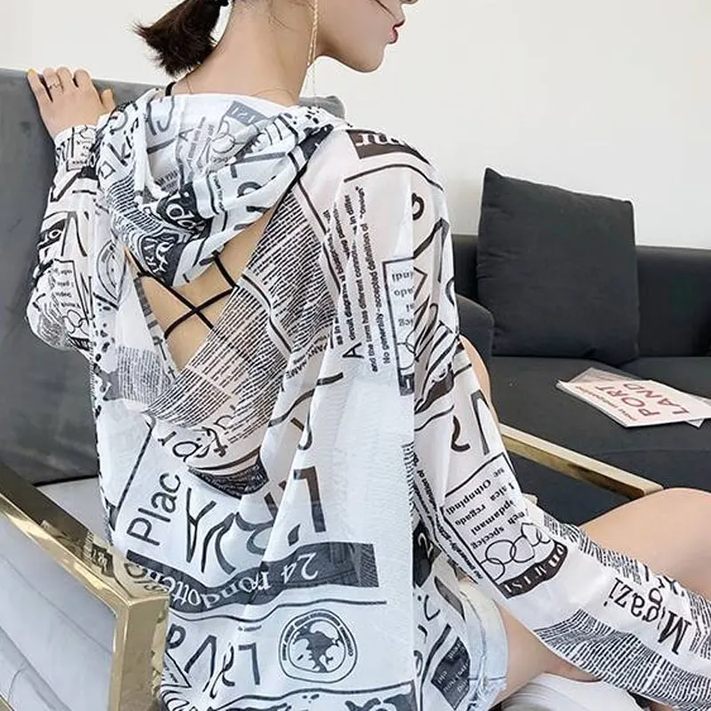 High Street Fashion Letter Printed Blouse Spring Summer New Thin Casual Hooded Drawstring Women\'s Clothing Backless Split Shirt