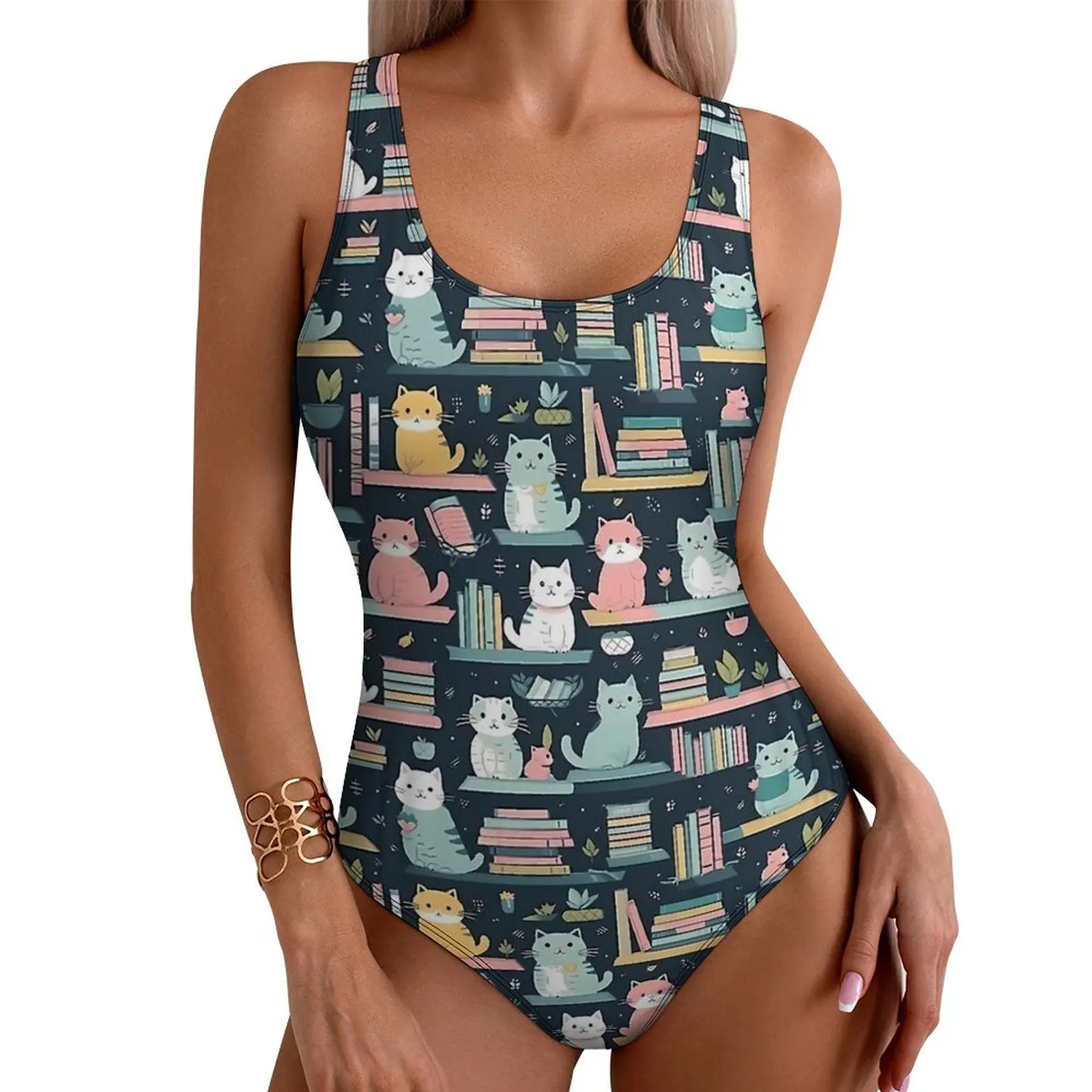 Cute Library Cat Swimsuit Sexy  One Piece Swimwear Push Up Bodysuit Aesthetic Holiday Surf Beach Outfits