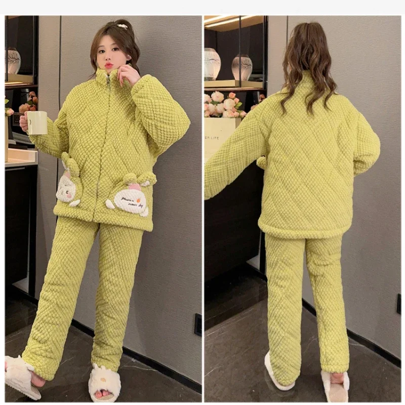 معطف وسراويل بسحاب رقيق للنساء ، بيجامات مبطنة بثلاث طبقات ، ناعمة ومريحة ، فانيلا دافئة وسميكة ، ملابس منزلية ، مقاس 5XL كبير ، شتاء