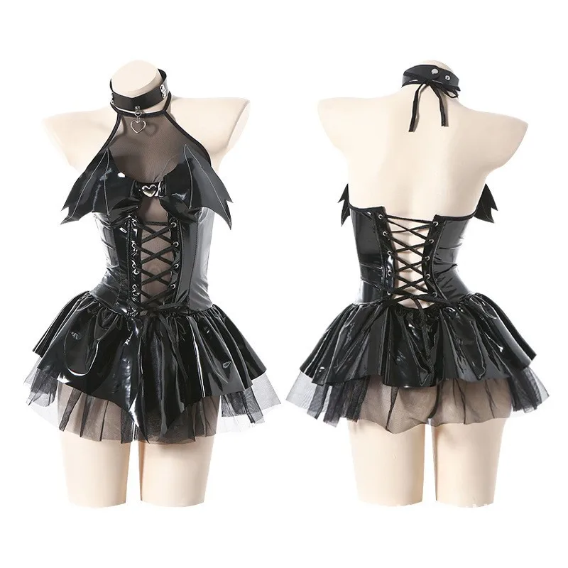 

PU Leather Halter Neck Straps Bat Devil Cosplay Short Mini Dress Women Sexy Lingerie Halloween Punk Gothic Costume