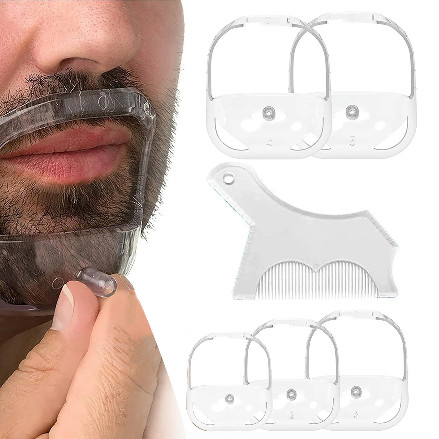 6pcs Beard Shaping Kit – 5 Size Beard Templates & 1 Multifunctional Styling Comb for Perfect Grooming (Blue & Transparent)