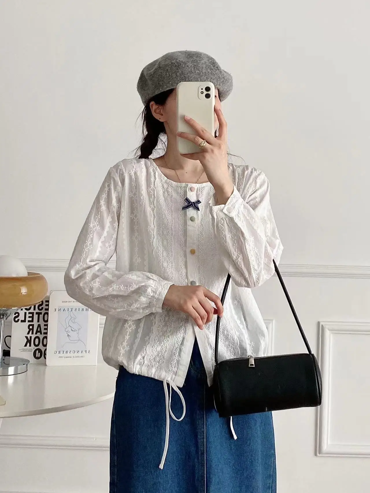 New Summer Cotton Long Sleeve Shirt, Women O Neck Embroidery Tops, Mori Girl Casual Sweet Loose Blouses, 2024 Autumn T47081QC