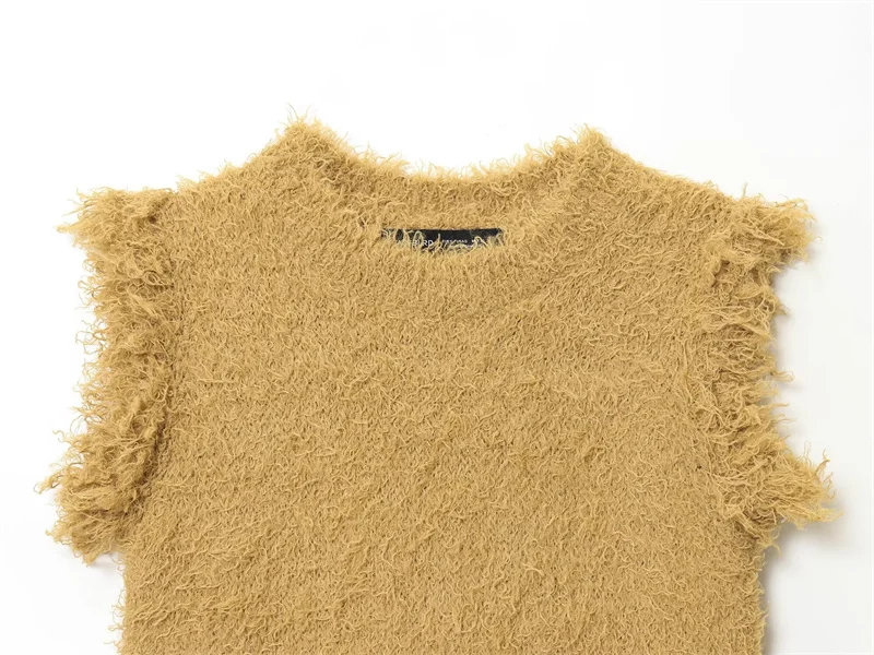 2025 top feminino outono novo estilo camelo sem mangas efeito de pele sintética pulôver de malha top casual moda personalidade