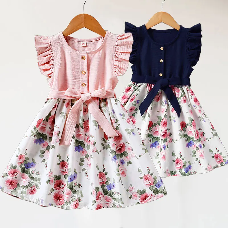 

Fashion Summer Casual Clothing Floral Dress Girls Chic Frock with Sash A Line French Style Robe Kid Hanging Out Flower Gown 2-8Y