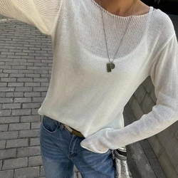 Elegant Knitted Hollow Out Pullovers Spring Autumn Sexy Women Loose O-neck See Through Girl Long Sleeved Thin Sweater T-shirt