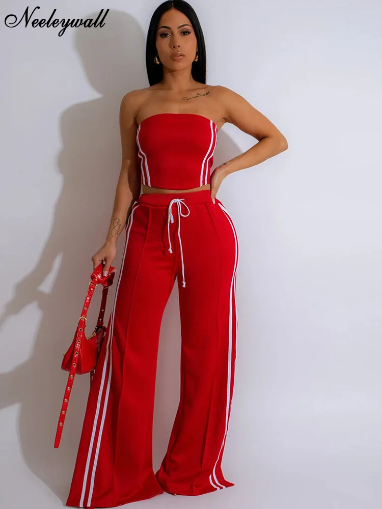 Neeleywall Casual Red Lines Strapless Set Womens Striped Tirm Tube Wide Legs Pants Set 2 Piece Outfits Active Set Club Overalls