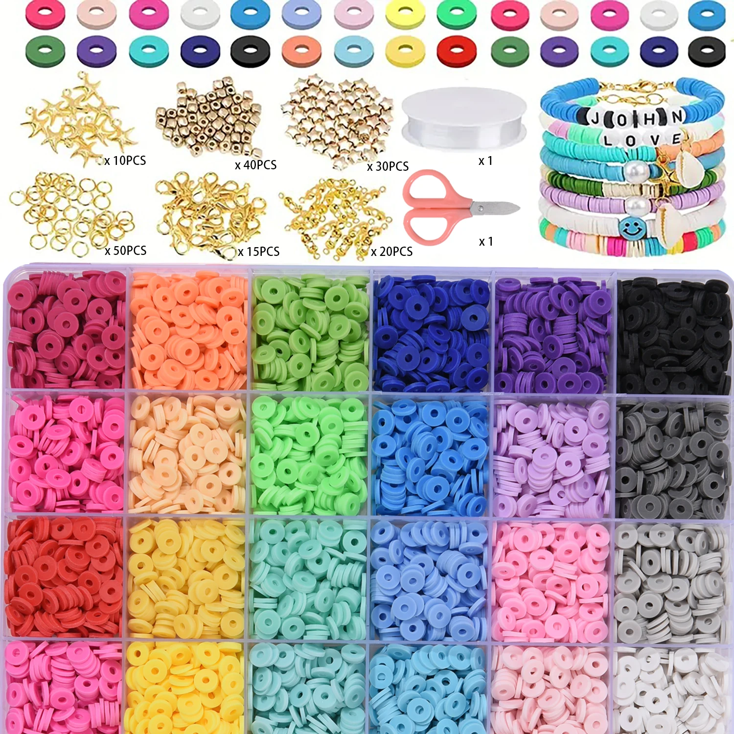 3600PCS Polymer Clay Beads Set 6MM Rainbow Color Flat Chip Bead For Boho Bracelet Necklce Making Letter Bead Accessories Kit DIY