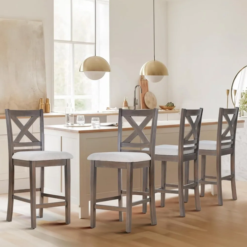 

Upholstered Counter Height Bar Stools Set Of 4, Modern Kitchen Island Barstools Chairs With Cross Back And Wood Legs For Dining