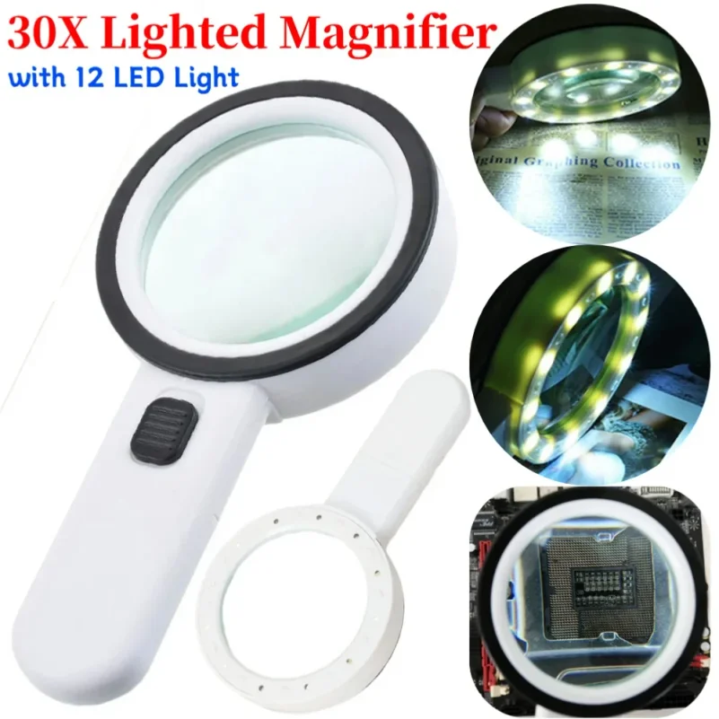 30X Lighted Magnifier Handheld Double Glass Lens Magnifier 12 LED Light Light-Up Magnifying Lens for Reading Book/Newspaper/Map