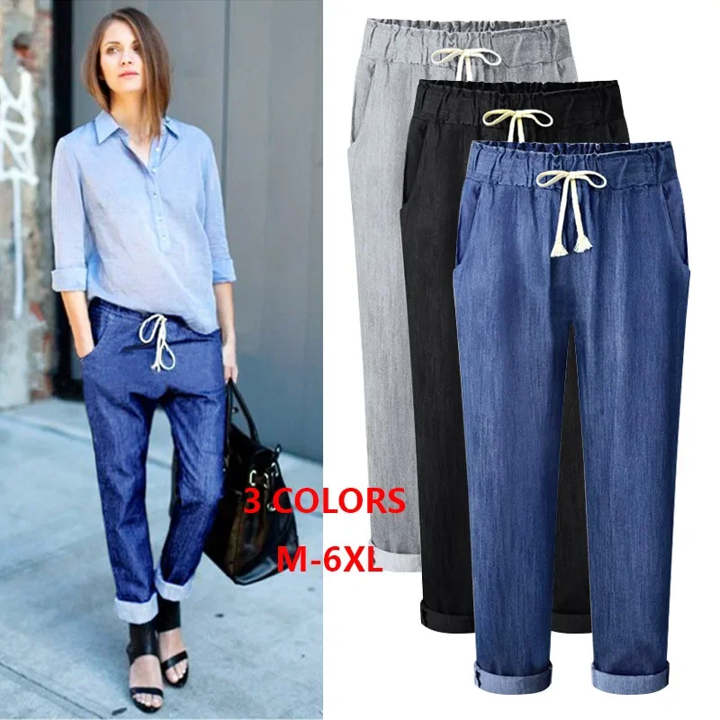 Plus Size Ankle Length Pants Solid Casual Drawstring Cotton High Waist M - 6XL 3XL 4XL 5XL Women Plus Size Clothing New