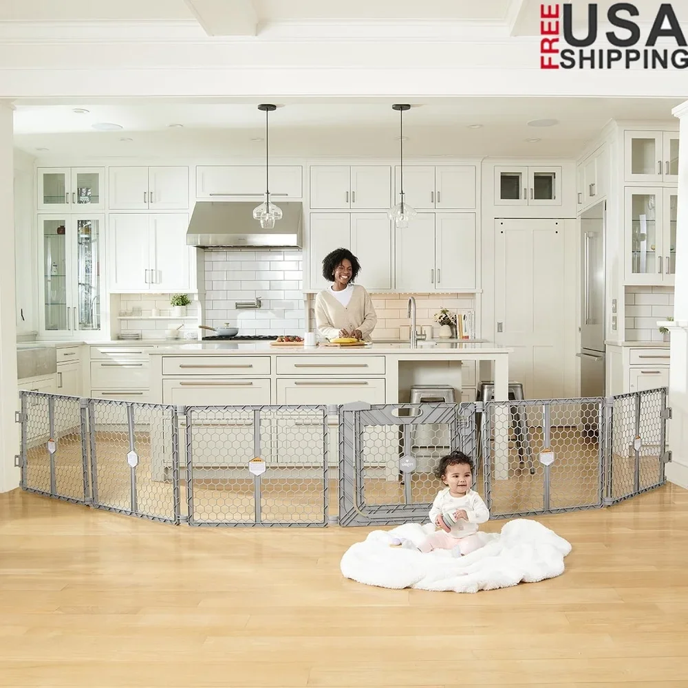 

Superwide 6-Panel Baby Gate and Play Yard with Door Adjustable Safety Fence Toddlers Dogs Easy Setup Portable Plastic