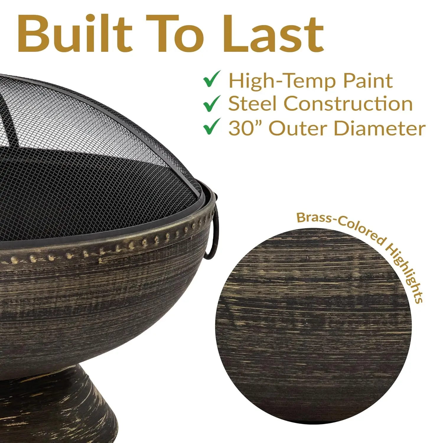 Round Steel Outdoor Firepit for Patio, Backyard, Porch, and Deck, Includes Wood Grate, Spark Screen, and Poker Tool