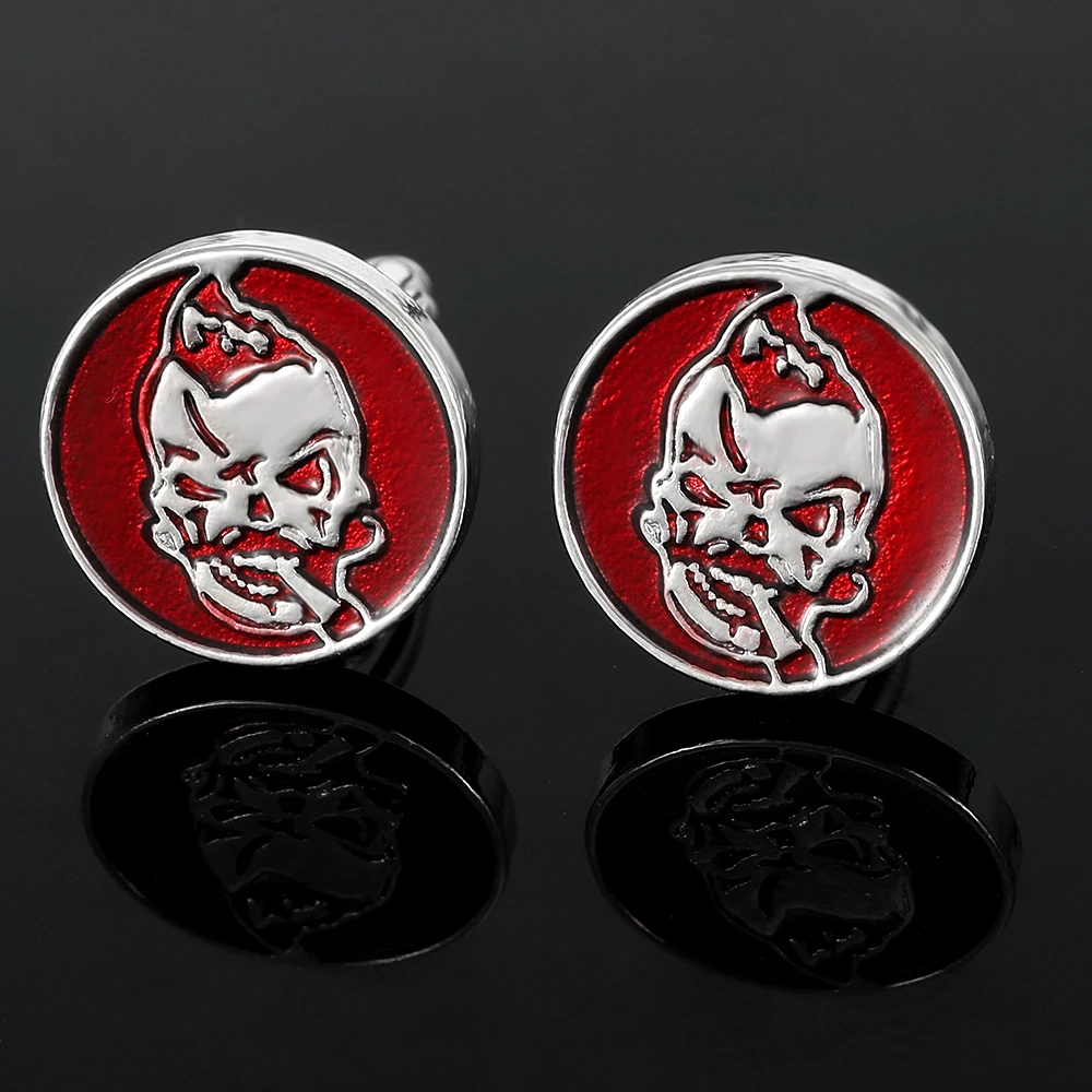 Punk Mens Creepy Horror Smoking Skull Round Cufflinks Red Ghost Design Sleeve Button