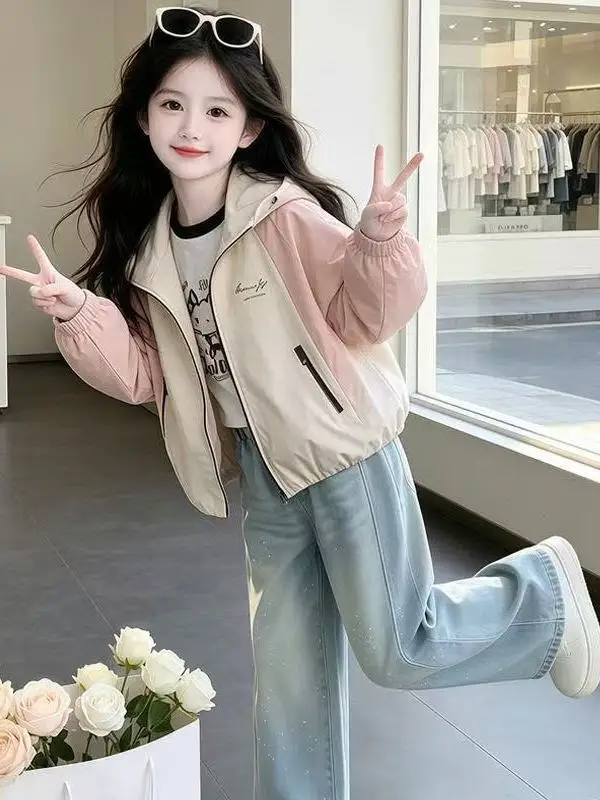 Girls' Autumnal Long Sleeve Hooded Jacket 2026 New Fashionable Children's Windbreaker Super Beautiful Top for Girls
