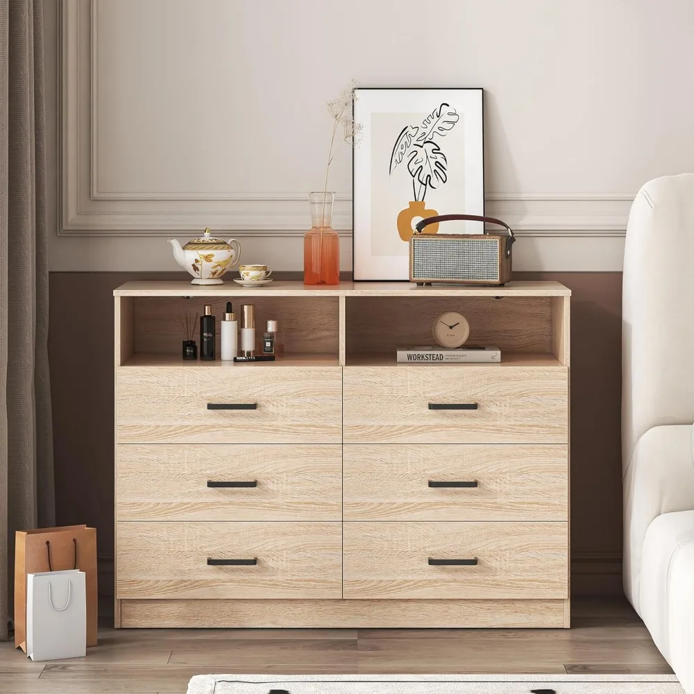 Bigbiglife 6 Drawers Dresser for Bedroom Wooden Dresser with Open Storage Cubby, Double Wide Dresser Organizer