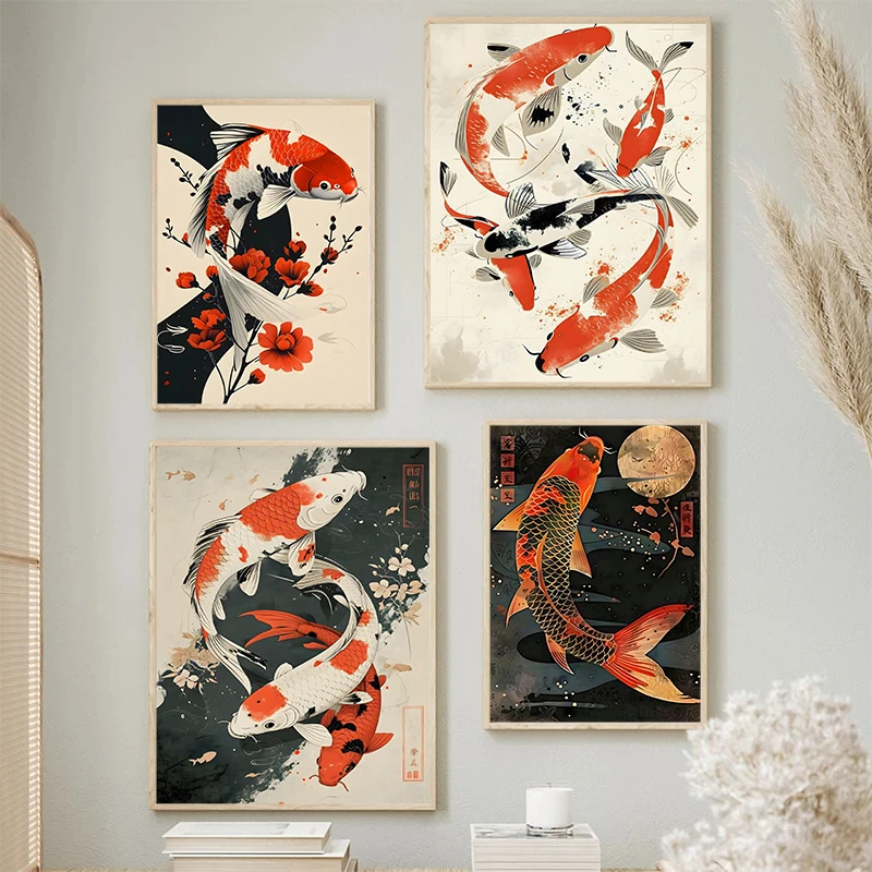 Japanese Colorful Carp Koi Fish Posters and Prints Canvas Printing Retro Wall Art Picture for Living Room Home Decor Gifts