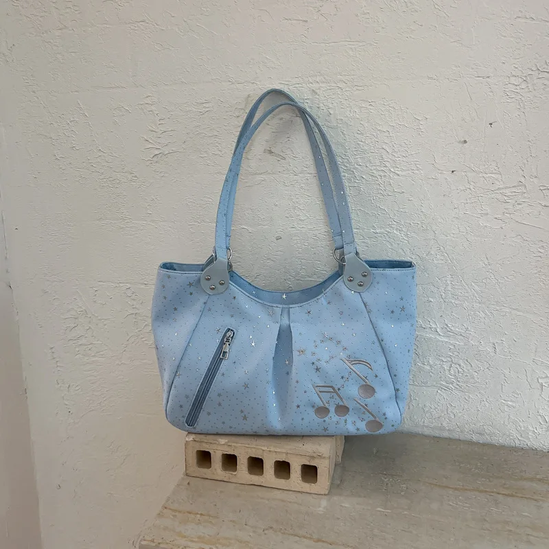 Handtasche mit seitlichem Reißverschluss und Musiknoten-Sternmuster, koreanische Nylon-Umhängetasche, süße, lässige, einfarbige Damen-Einkaufstasche für die Arbeit – Detail 10