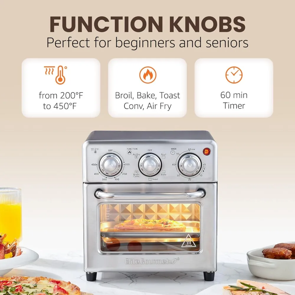 8,5 cuartos. Horno freidora de aire de capacidad, tostadas, hornear y asar con controles de convección, tiempo y temperatura, 800 vatios, acero inoxidable