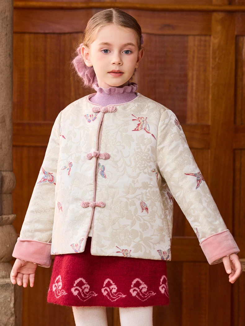 Girls' Modern Chinese-style Beige Jacquard Jacket Festive Quilted Coat for Lunar New Year Elegant Winter Outerwear Kawaii Style