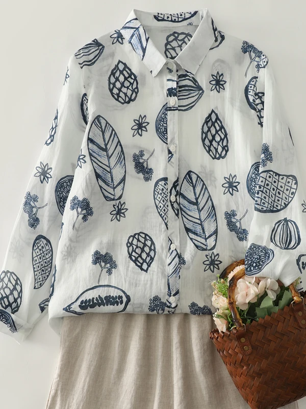 

Retro Casual Elegance Printed Collar Loose plus Size Long Sve Women's irt Breathable Comfortable Skin-Friendly Daily Wear