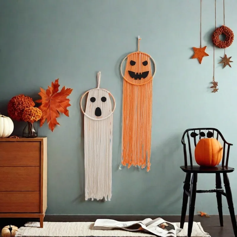 Handwoven Pumpkin Head Tapestry Creative Halloween Wall Hanging for Kids Room Living Room Bedroom Holiday Home Unique Decoration
