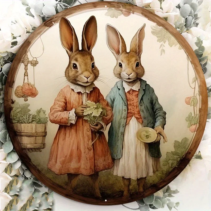 Rustic Bunny Couple Easter Sign - Vintage Metal Wall for Valentine's Day and Home Bar - vintage  decoracion hogar rustico