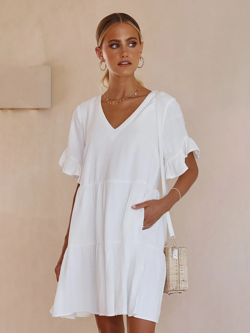 Marthaqiqi-Vêtements de nuit en coton pour femmes, pyjama sexy à col en V, chemise de nuit à manches courtes, mini robe décontractée, vêtements de nuit d'été pour femmes