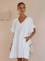 Marthaqiqi Cotton Women'S Sleepwear Sexy V-Neck Pajamas Short Sleeve Nightgowns Casual Mini Dress Loose Summer Ladies Nightwear