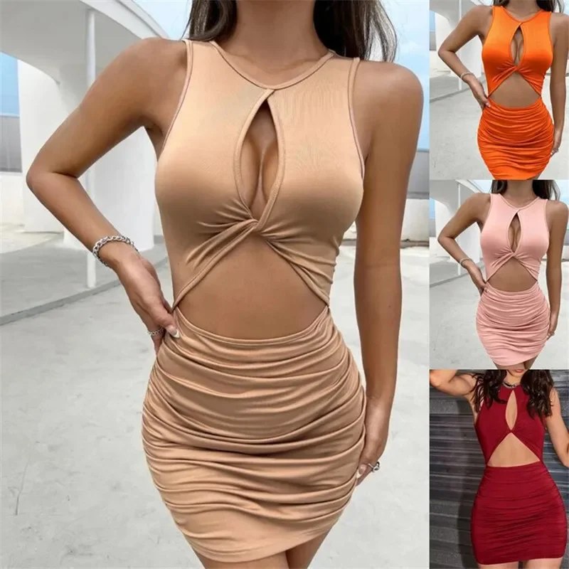 

Sleeveless Sexy Mini Dress Women Bodycon Pleated Hollow Out Dress Summer Party Club Solid Short Mini Dresses Party Club Outfit