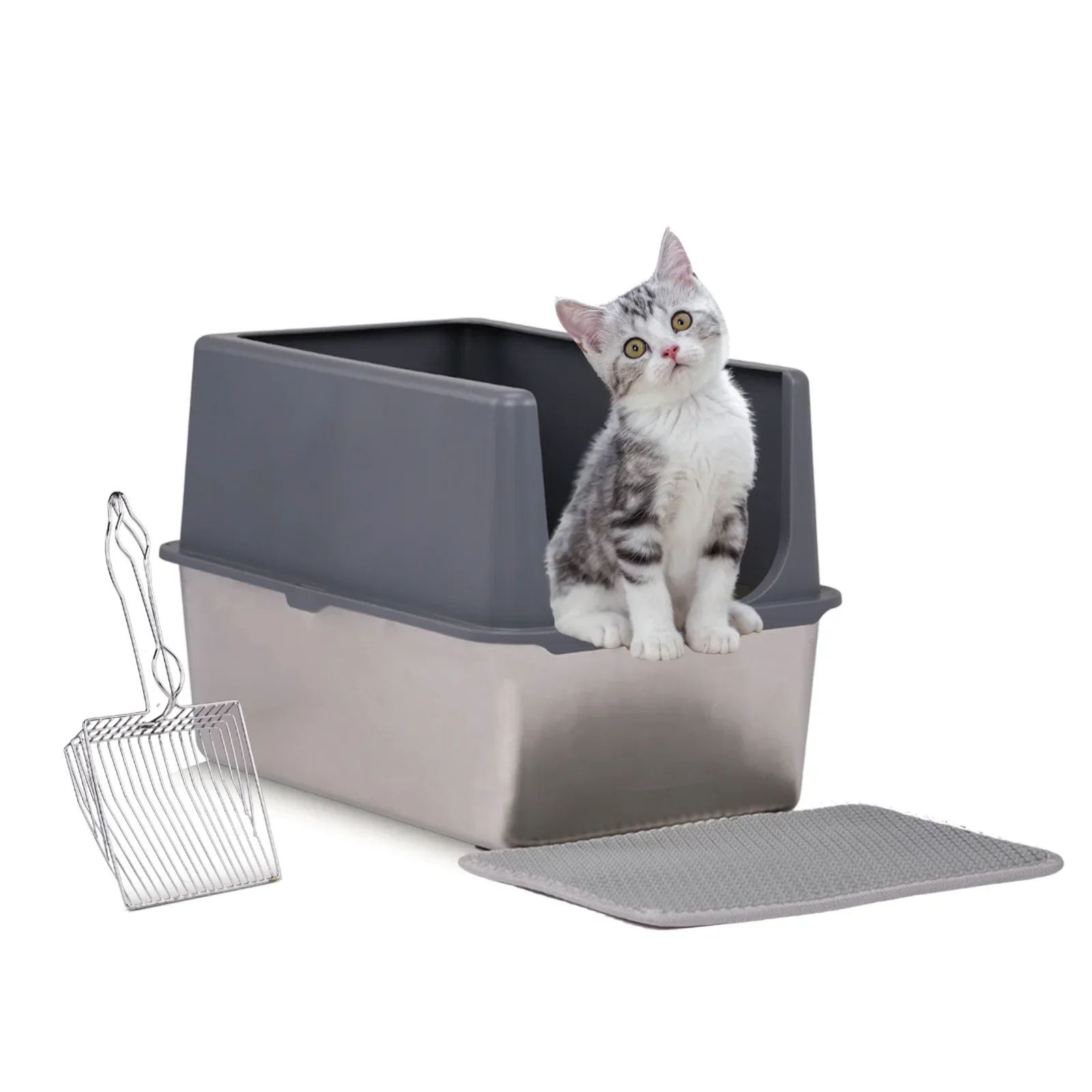 

Stainless Steel Cat Litter Box with Lid Extra Large Litter Pan with High Sides Easy Cleaning Include Double Layer Litter Mat