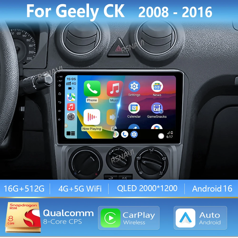 Android 16 Carplay Auto 2K Screen Car Multimedia Radio Video Player For Geely CK 2008 - 2016 Autoradio GPS Stereo 2Din Head Unit