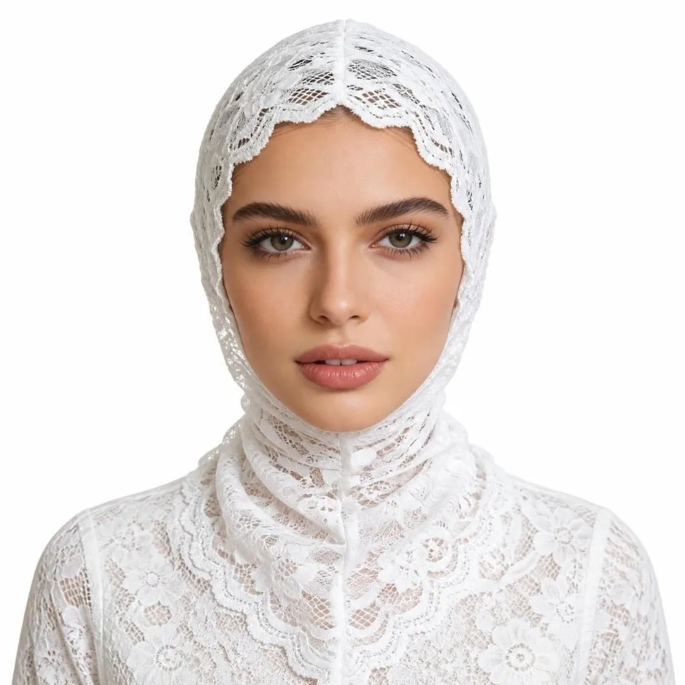 Lace Decorative Turban Caps Neck Warmer Headwear Black White Lace Headscarf Balaclava Floral Print Stretch Soft Hijab Bonnet