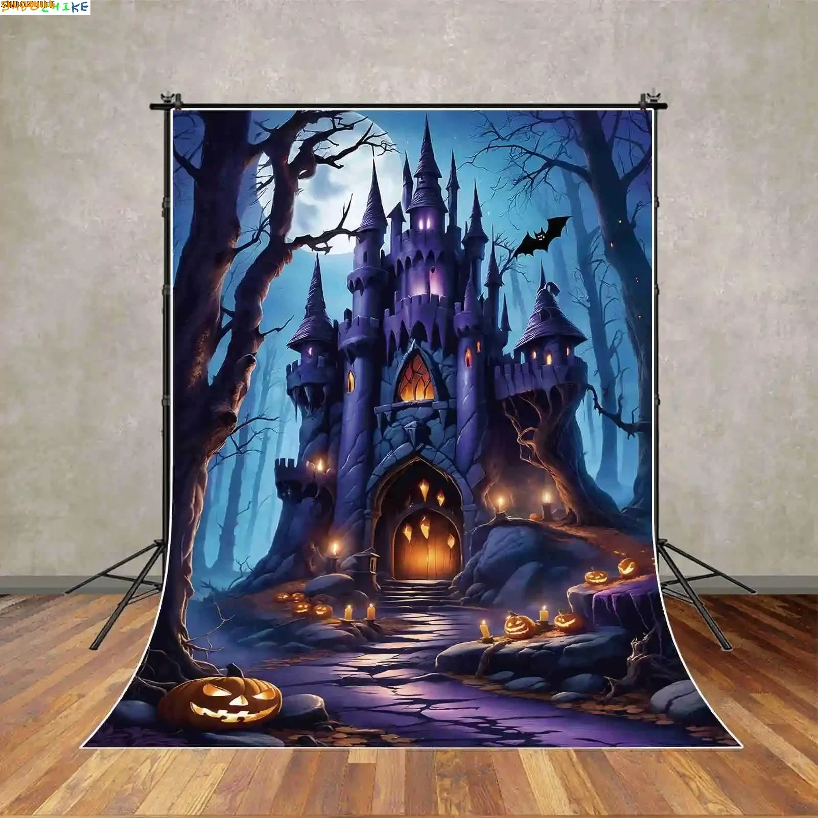 

Horror Castle Halloween Day Photography Backdrops Outdoor House Party Decoration Skeleton Pumpkin Photo Studio Background HW-01