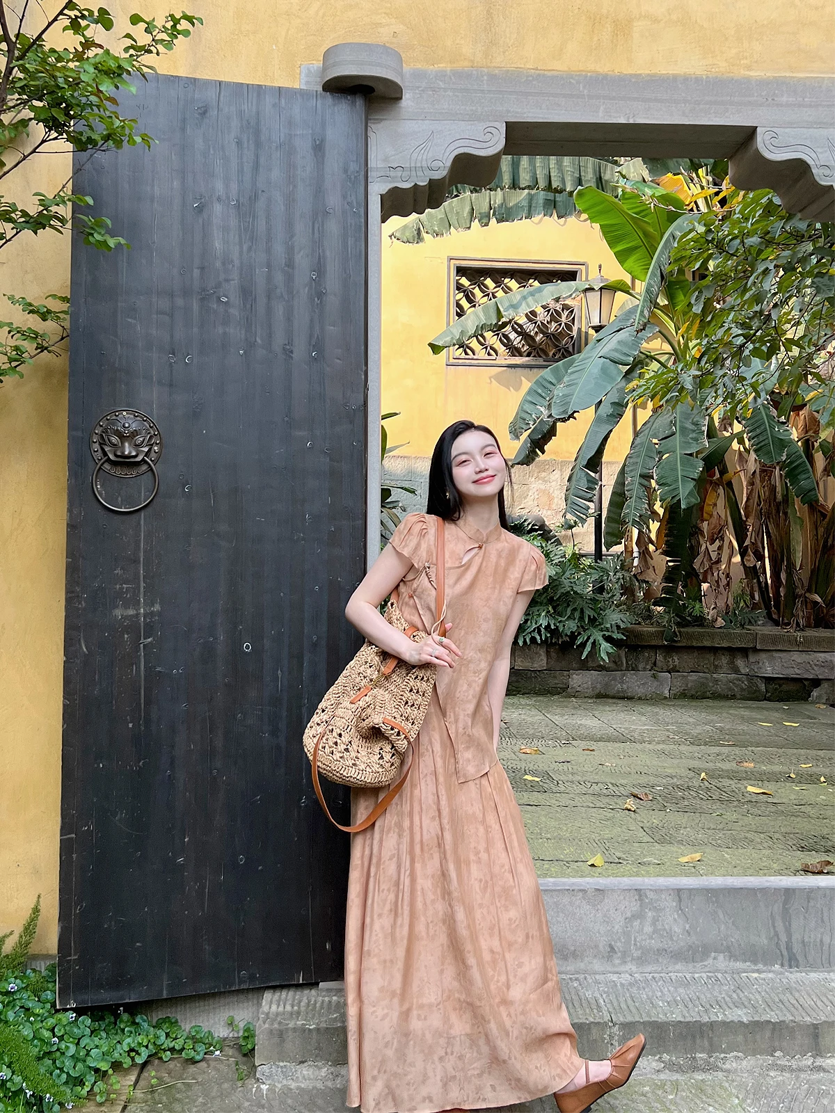 

Комплект FPOH в китайском стиле: улучшенный летний ретро-костюм из двух предметов с юбкой, из полиэфирного волокна, короткий