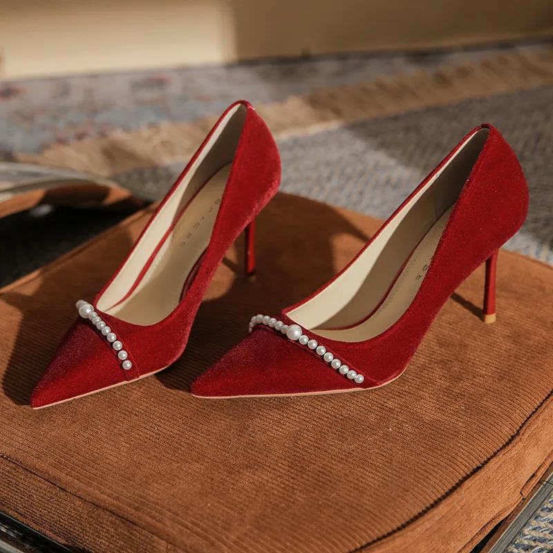 

High heeled wedding shoes, women's new style, Xiuhe wedding dress, French pearl pointed fine follow-up shoes