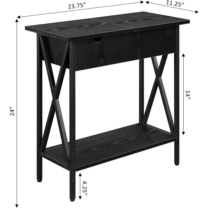 Черный торцевой столик 23,75 дюйма с USB-зарядной станцией — современный откидной журнальный столик для небольших помещений, гостиной и прикроватной тумбочки