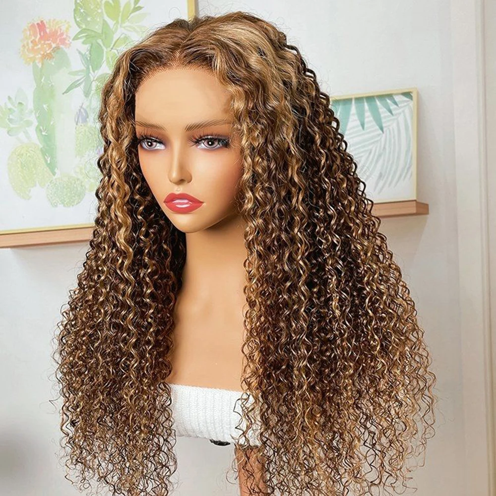 200% Density Kinky Curly Highlight Wig 13x4 Transparent Lace Frontal Human Hair Wigs With Baby Hair Piano Color Lace Closure Wig