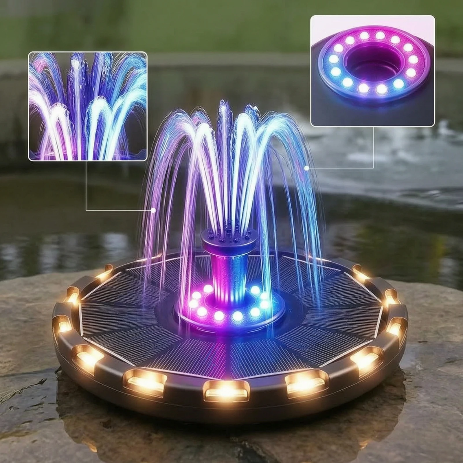 Solar Fountain Pump Illuminated Floating Fountain with Lights Automatic for Gardeners, Garden Pond, Courtyard
