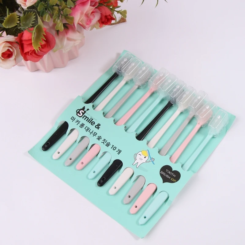 Q1QD 10pcs/set Eco-Friendly Toothbrush Natural Handle Soft Bristle Adult Soft Bristle