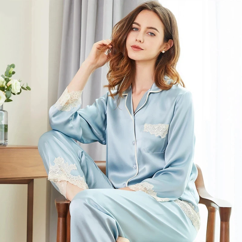 

Women's Silk Pajamas Set Long Sleeve Pants Luxury 100% Mulberry Silk Loungewear Sleepwear Homewear Nightwear Housewear Sleep Set