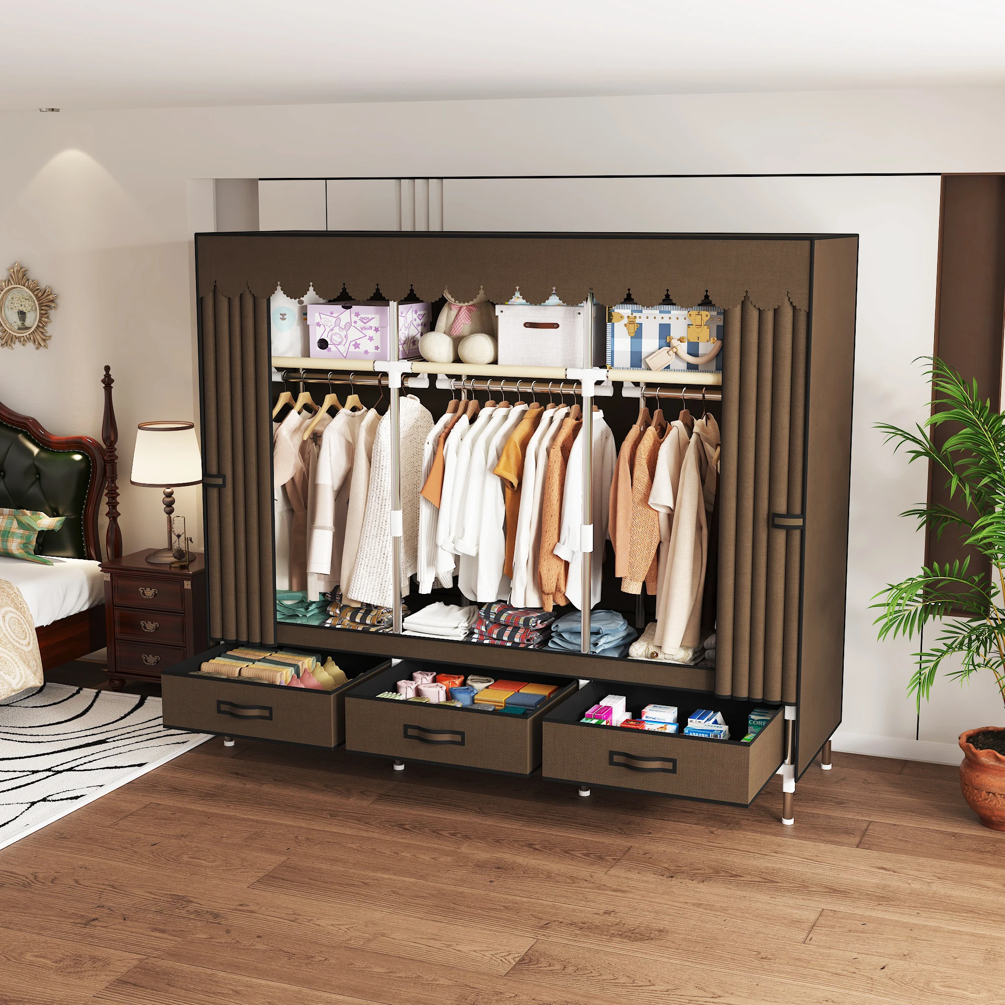 Portable Wardrobe with 3 Hanging Rods and 6 Storage Racks - Reinforced Alloy Steel Frame, Easy to Assemble, Canvas Curtain Cover view 4