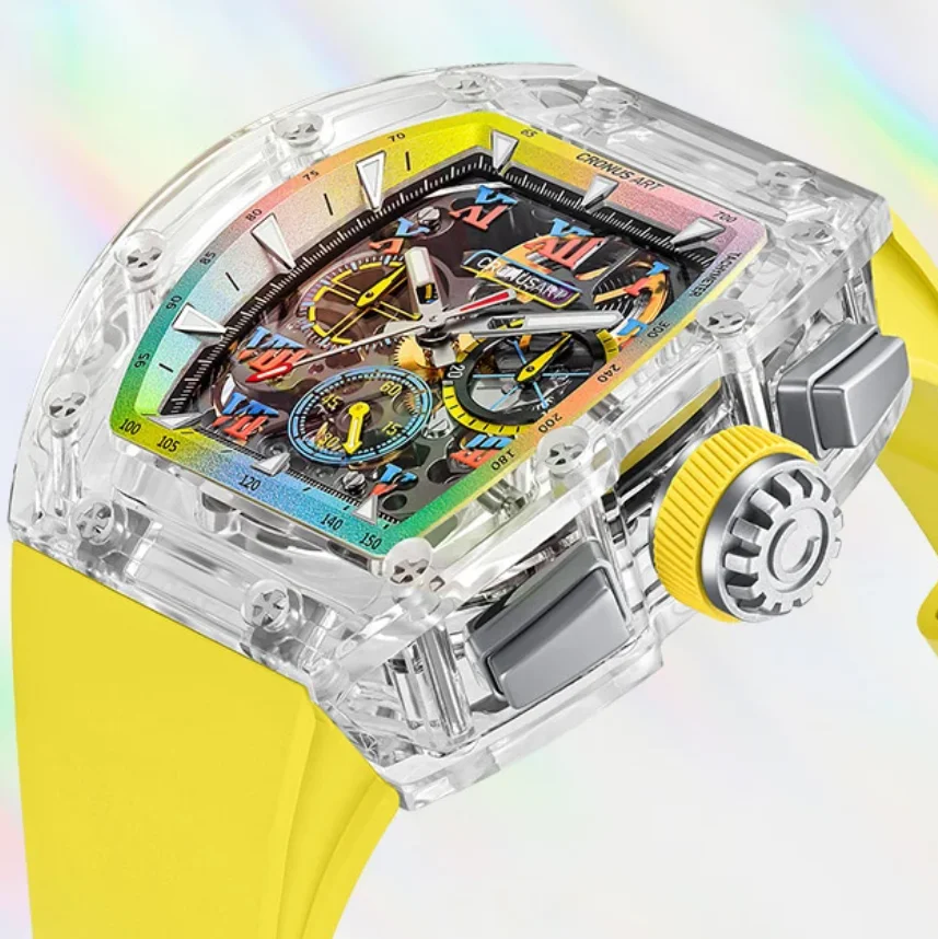 

CRONUSART Men Chronograph Watch 50mm Tonneau Mechanical Wristwatch Sapphire Case & Mirror Luminous Fluororubber Strap Skeleton