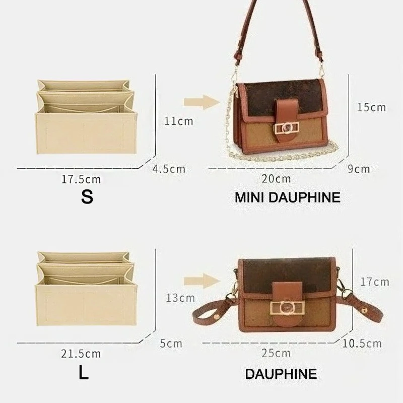 EverToner Fits L-DAUPHINE Felt Cloth Bag liner Travel Insert Organizer Handbag Double Layer Large Capacity Cosmetic Bags Shaper