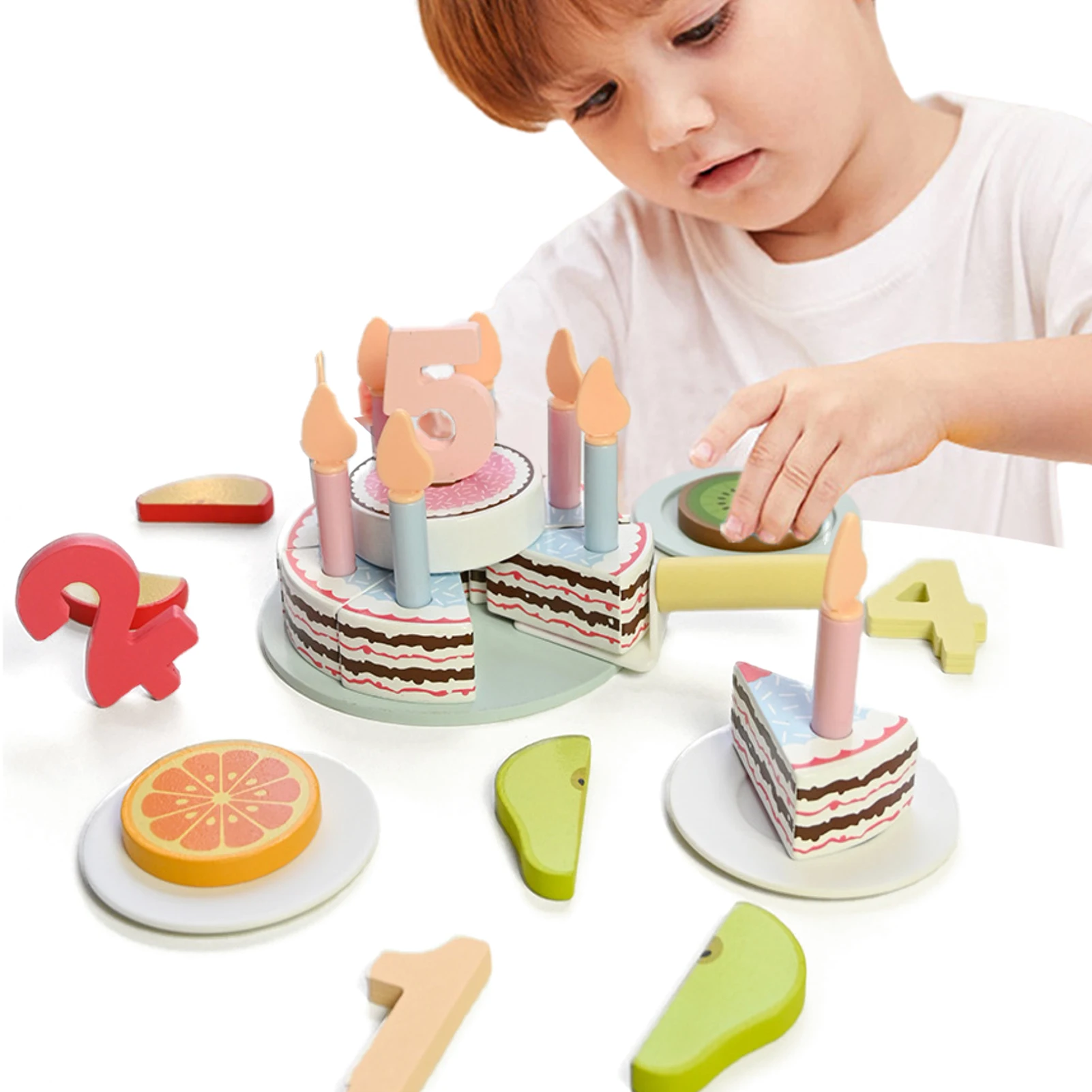 Wooden Birthday Cake Toy Miniature Food Wooden Cutting Birthday Cake Toys Food Set Learning Educational Montessori Party Toys