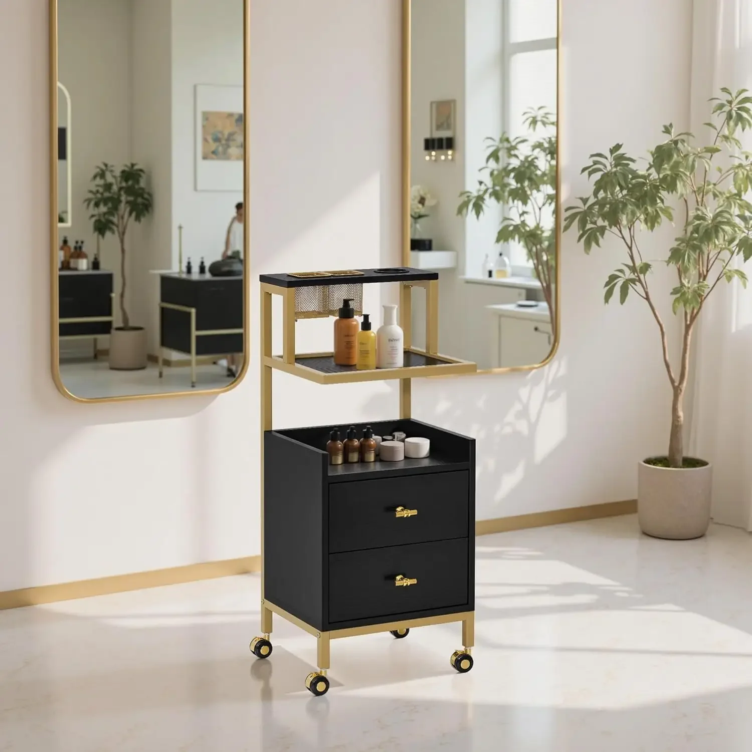 Rolling Salon Cart With Storage Drawers Barber Trolley With Metal Tool Holder Basket Beauty Salon Equipment For Hair Stylist Black Medium Size