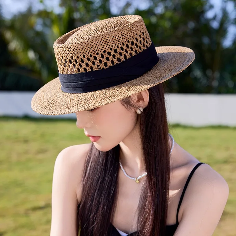 

New fashionable and casual three-fold woven ribbon hand-woven sisal hollowed-out top wide-brimmed hat for