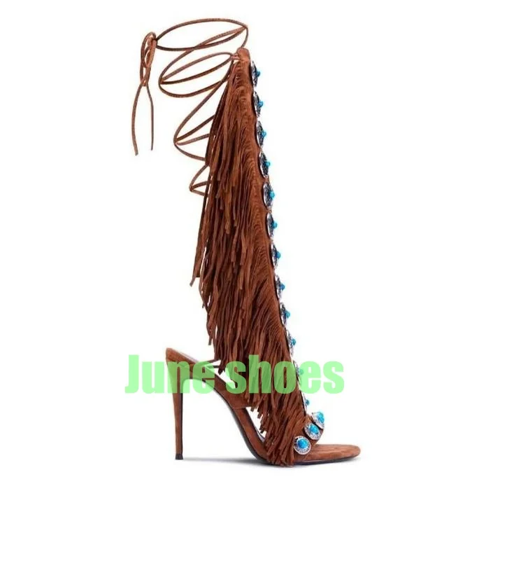 

Lady Gladiator Tassel Brown Demand Open Toe Lace-Up Sandals Sexy Slingback Mules Footwear Summer Sequins Rhinestone Sandals Size