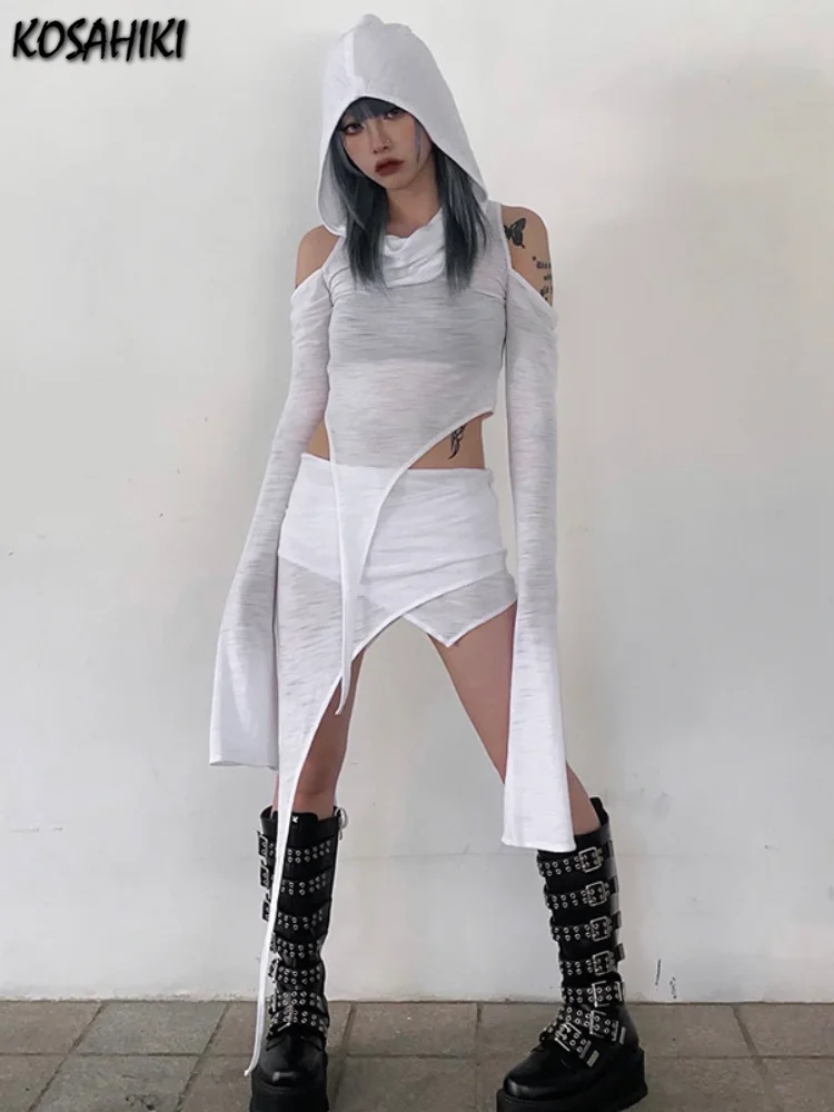 2024 Tweedelige Set Hooded T-Shirts Off Shoulder Asymmetrie Lange Mouw Crop Top Vrouwen Slanke Y 2K Esthetische Mode Effen Rokken