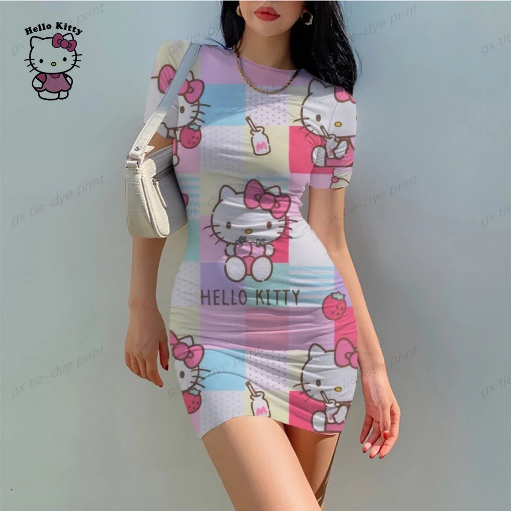 Zomer Mini Jurken Vrouwen Hello Kitty Print Skinny Office Jurk Korte Mouw Bandage Bodycon Party Strandjurk Vestidos Gewaden