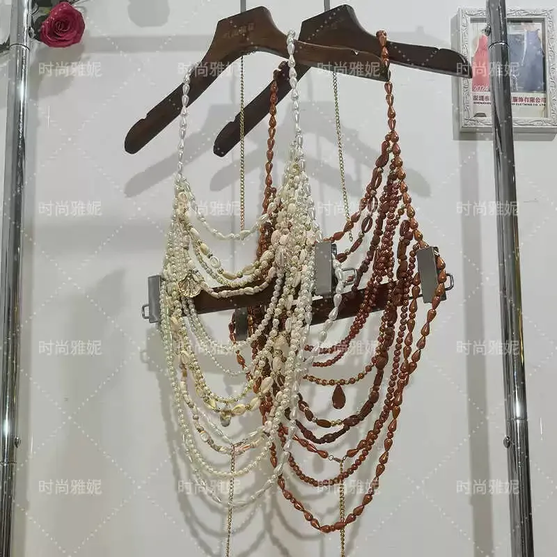 Hanging Neck Handmade Bead Pearl Bra Necklace Suspender Top Chest Decoration Baroque Style Body Chain